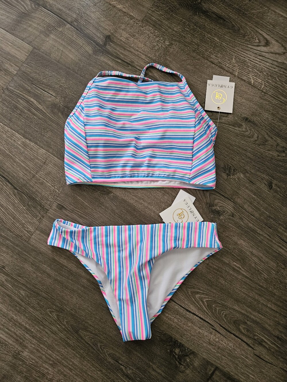 Striped High-Neck Bikini Set in Blue & Pink